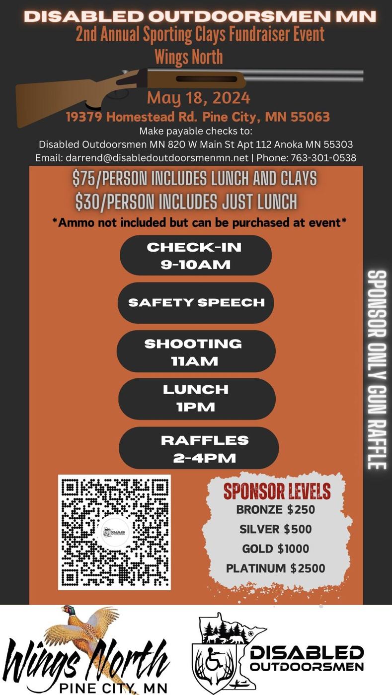 Flyer for the 2nd Annual Sporting Clays Fundraiser on May 18, 2024 at Wings North in Pine City. Details are listed in the text beside it.